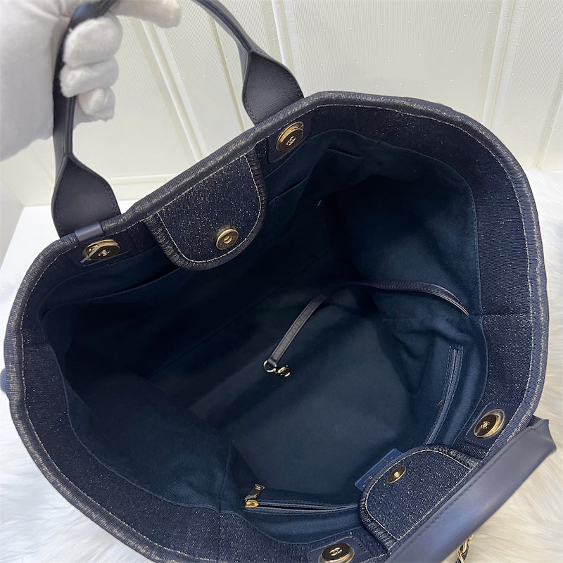 Chanel Large Deauville Tote in Navy Shimmery Fabric and GHW