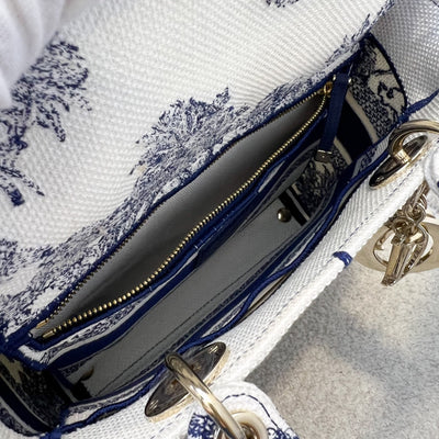 Dior Medium Lady D-lite Bag in White and Blue Toile de Jouy Embroidery and LGHW