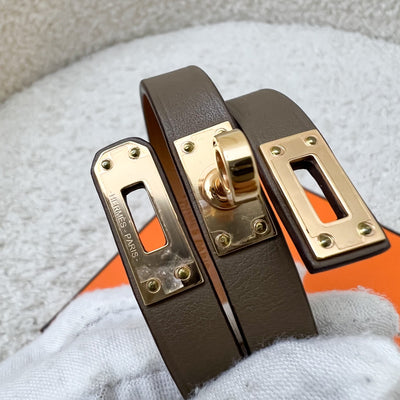 Hermes Mini Kelly Double Tour Bracelet in Etoupe Swift Leather and RGHW Sz T1