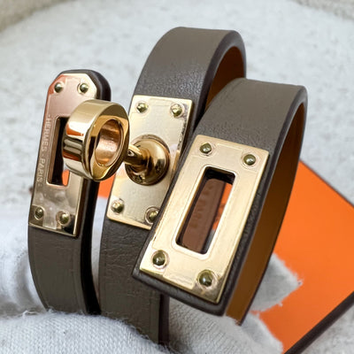 Hermes Mini Kelly Double Tour Bracelet in Etoupe Swift Leather and RGHW Sz T1