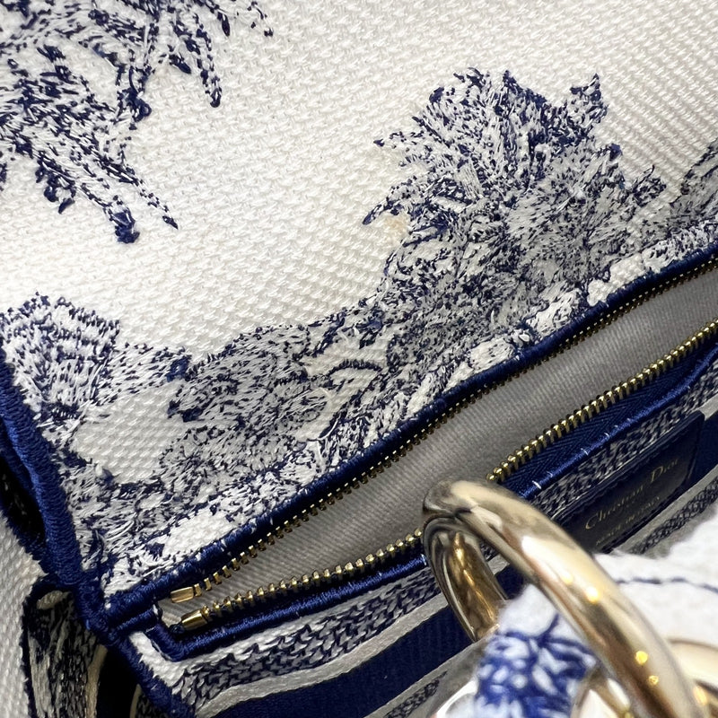 Dior Medium Lady D-lite Bag in White and Blue Toile de Jouy Embroidery and LGHW