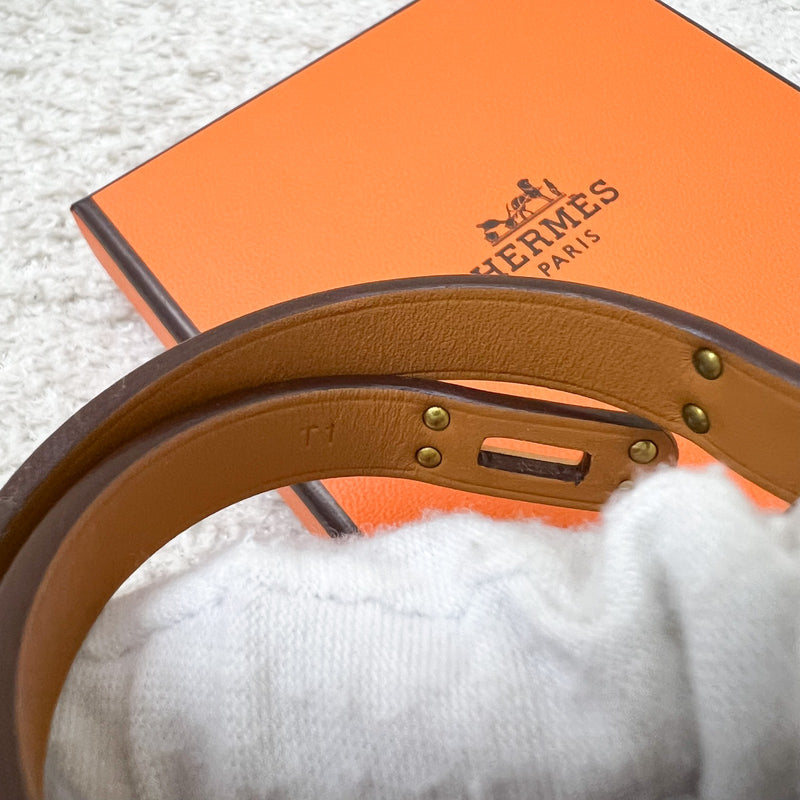 Hermes Mini Kelly Double Tour Bracelet in Etoupe Swift Leather and RGHW Sz T1
