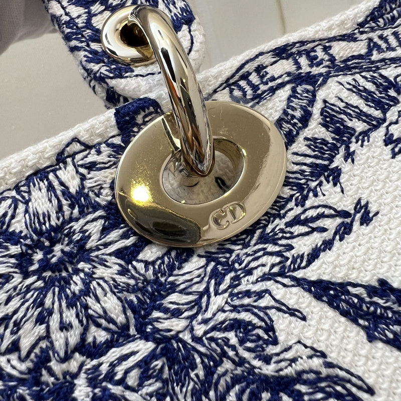 Dior Medium Lady D-lite Bag in White and Blue Toile de Jouy Embroidery and LGHW