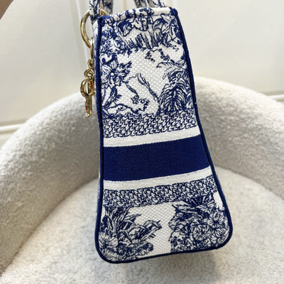 Dior Medium Lady D-lite Bag in White and Blue Toile de Jouy Embroidery and LGHW
