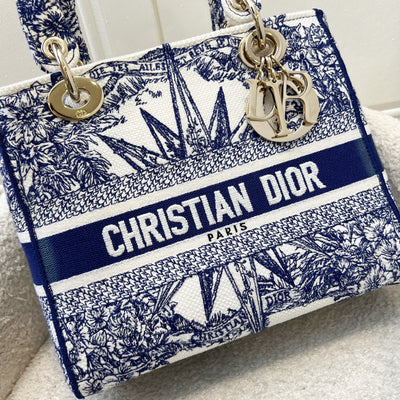Dior Medium Lady D-lite Bag in White and Blue Toile de Jouy Embroidery and LGHW