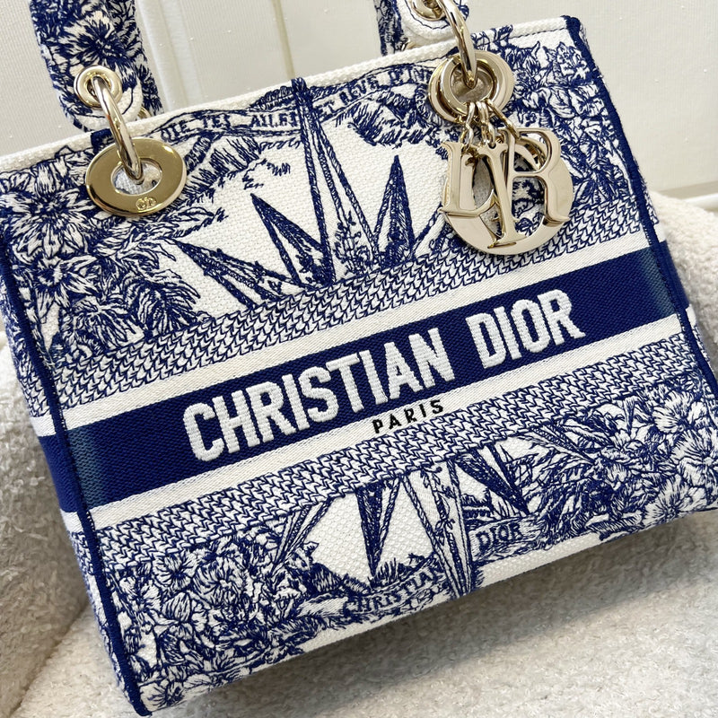 Dior Medium Lady D-lite Bag in White and Blue Toile de Jouy Embroidery and LGHW
