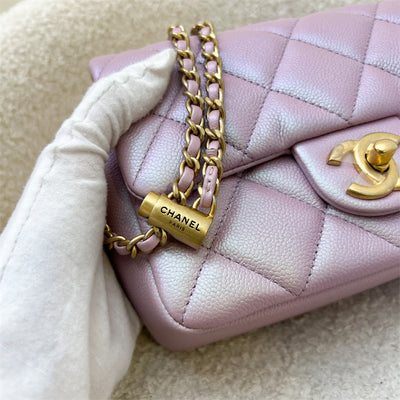 Chanel 21K Perfect Mini Square Adjustable Chain Flap in Iridescent Pink Caviar and AGHW