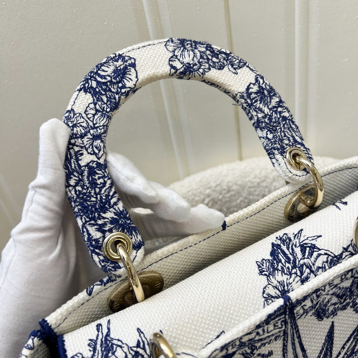 Dior Medium Lady D-lite Bag in White and Blue Toile de Jouy
