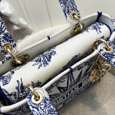 Dior Medium Lady D-lite Bag in White and Blue Toile de Jouy Embroidery and LGHW