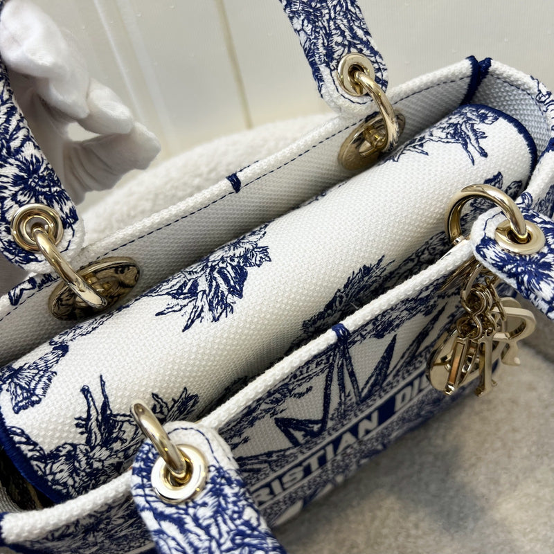 Dior Medium Lady D-lite Bag in White and Blue Toile de Jouy Embroidery and LGHW