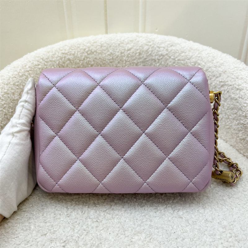 Chanel 21K Perfect Mini Square Adjustable Chain Flap in Iridescent Pink Caviar and AGHW