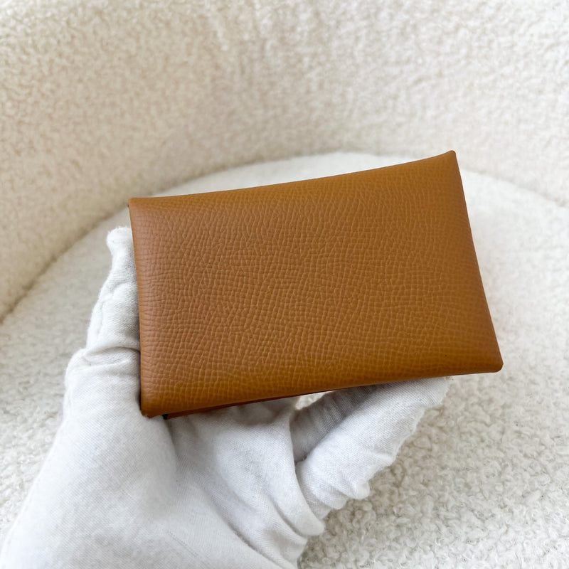 Hermes Calvi Card Holder in Gold Epsom Leather