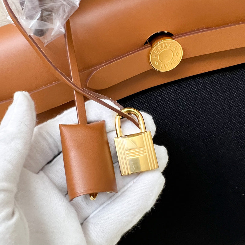 Hermes Herbag 31 Zip Retourne in Noir Black Canvas, Fauve Leather and GHW
