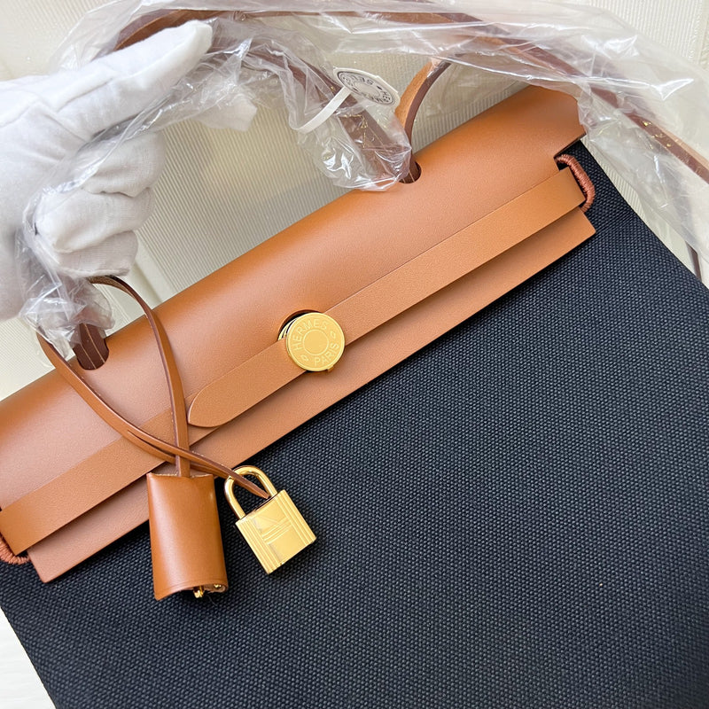 Hermes Herbag 31 Zip Retourne in Noir Black Canvas, Fauve Leather and GHW