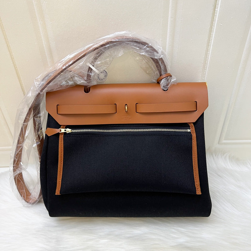 Hermes Herbag 31 Zip Retourne in Noir Black Canvas, Fauve Leather and GHW