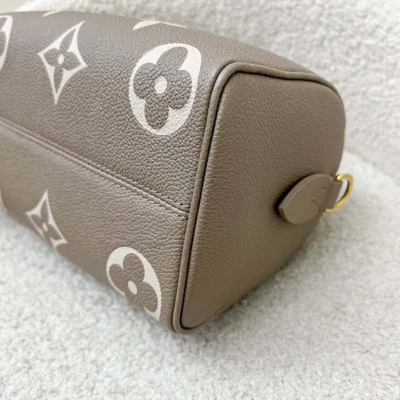 LV Speedy Bandouliere 20 in Tourterelle / Creme Giant Monogram Empreinte Leather and GHW