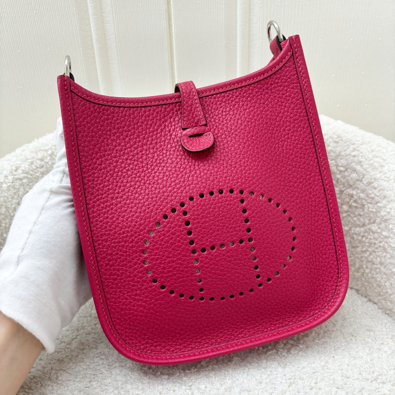 Hermes Mini Evelyne 16 in Framboise Pink Clemence Leather, Flipperball Canvas Strap and PHW