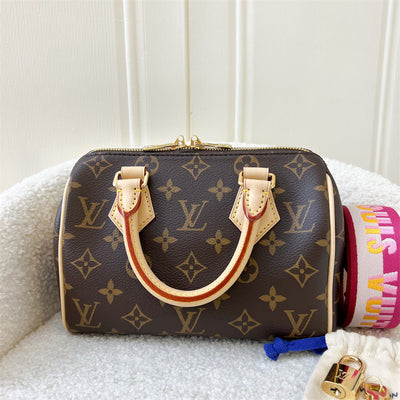 LV Speedy Bandouliere 20 in Monogram Canvas and Pink Patterned Strap