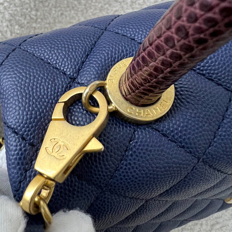 Chanel Medium 29cm Coco Handle in Navy Blue Caviar, Burgundy Lizard Handle and AGHW