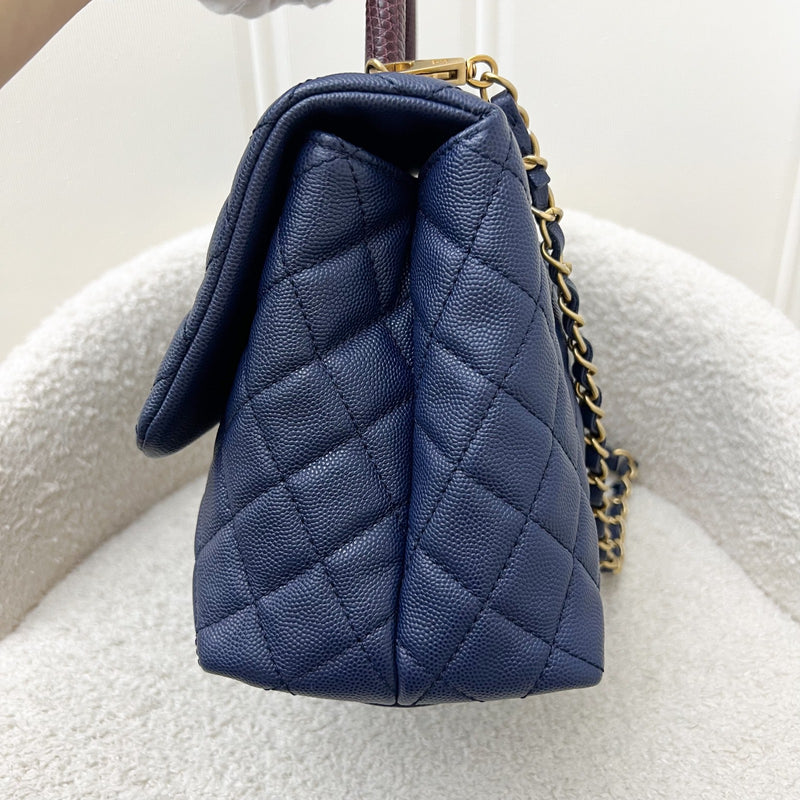 Chanel Medium 29cm Coco Handle in Navy Blue Caviar, Burgundy Lizard Handle and AGHW