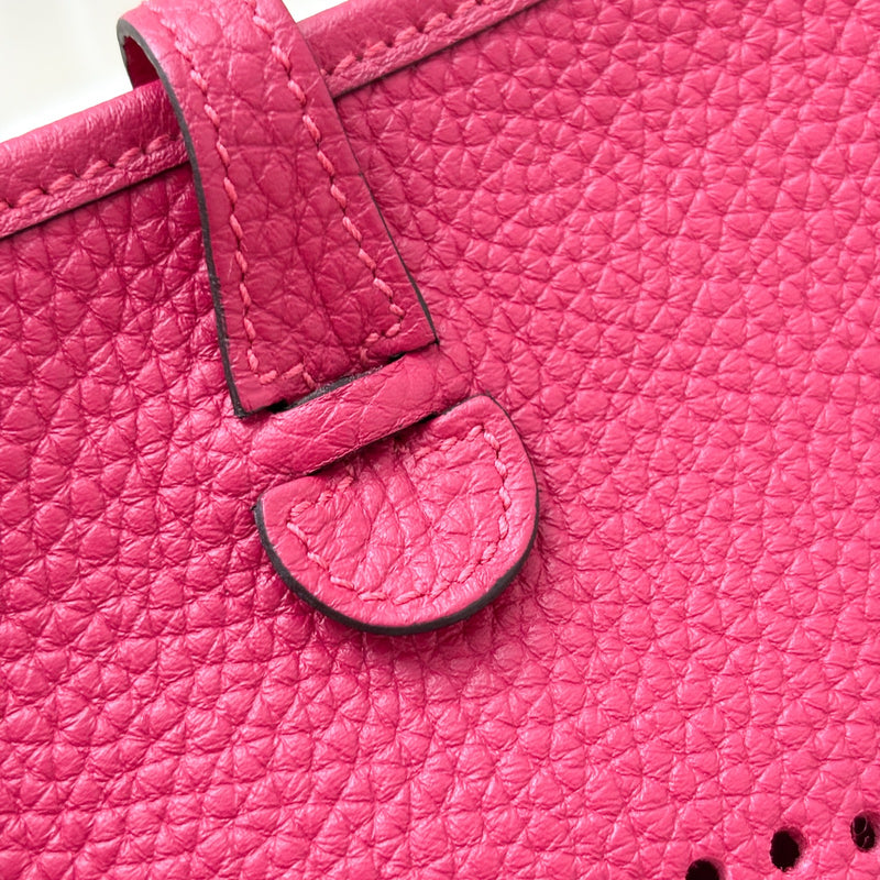 Hermes Mini Evelyne 16 in Framboise Pink Clemence Leather, Flipperball Canvas Strap and PHW