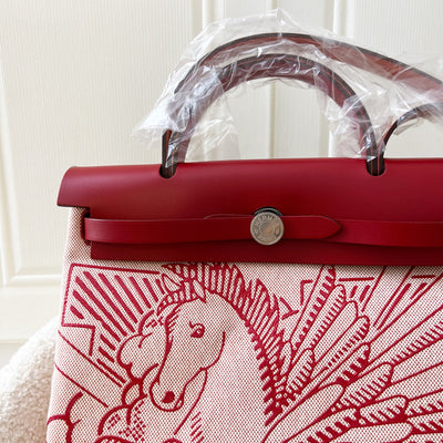 Hermes Herbag 31 in Rouge Piment Pegasus Embroidered Canvas and Red Leather