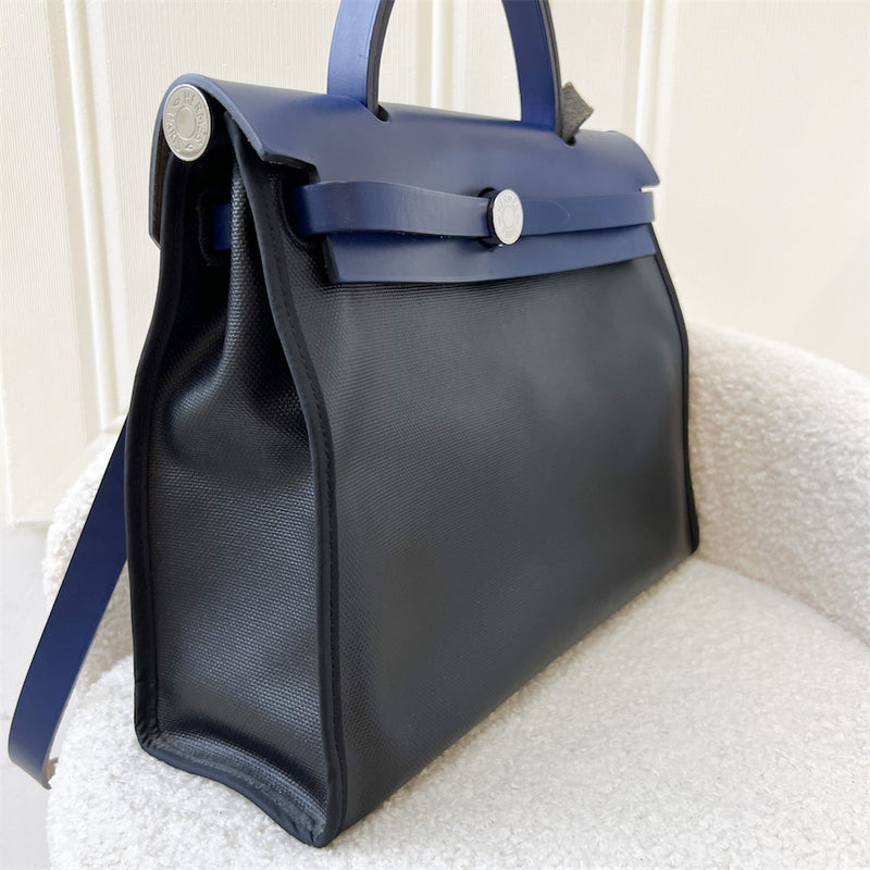 Hermes Herbag Zip 31 in Noir and Ecru-Noir Canvas, Bleu Saphir Leather and PHW