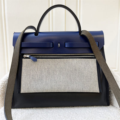 Hermes Herbag Zip 31 in Noir and Ecru-Noir Canvas, Bleu Saphir Leather and PHW