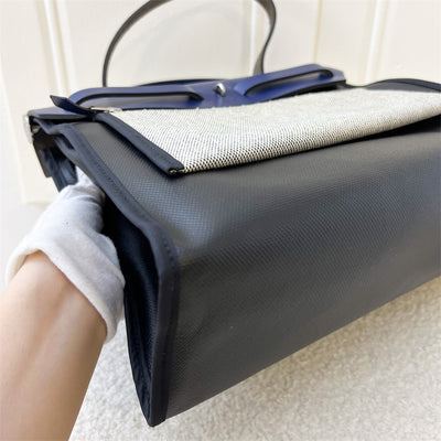 Hermes Herbag Zip 31 in Noir and Ecru-Noir Canvas, Bleu Saphir Leather and PHW