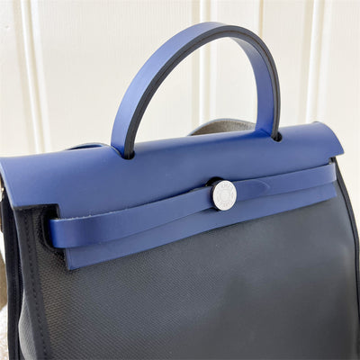 Hermes Herbag Zip 31 in Noir and Ecru-Noir Canvas, Bleu Saphir Leather and PHW