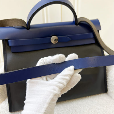 Hermes Herbag Zip 31 in Noir and Ecru-Noir Canvas, Bleu Saphir Leather and PHW