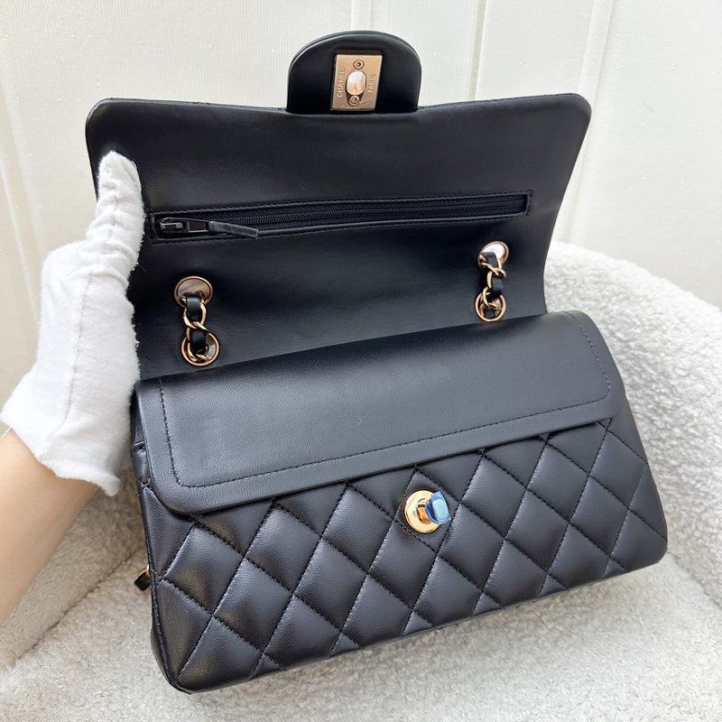 Chanel Small Classic Flap CF in Black Lambskin and Rose Gold HW