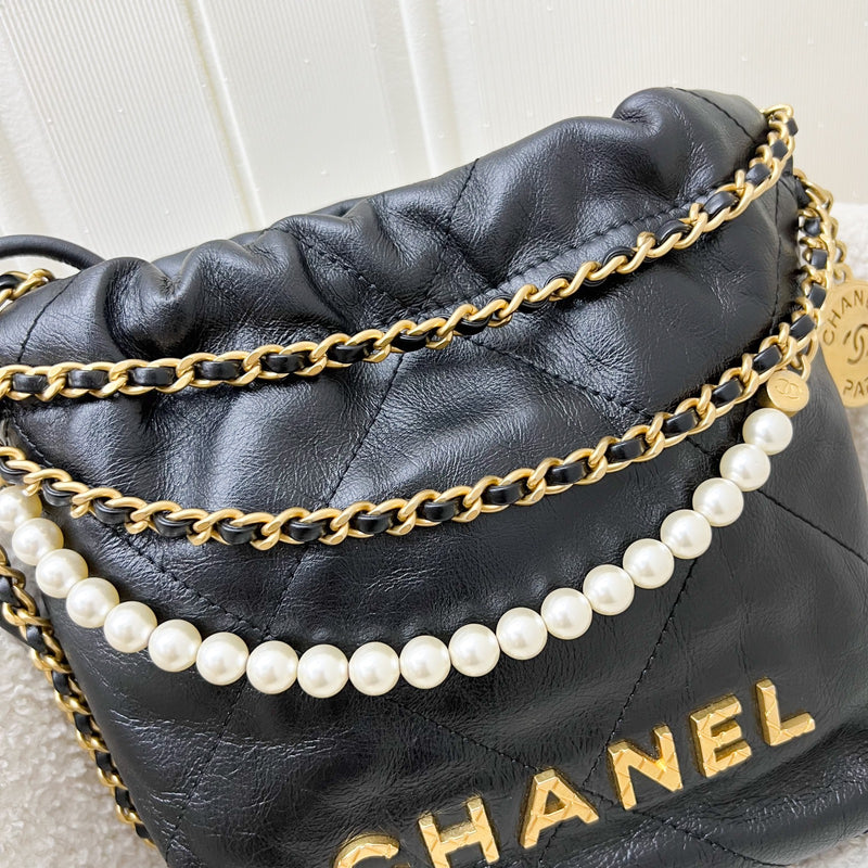 Chanel 22 Mini Hobo with Pearls in Black Distressed Calfskin and AGHW