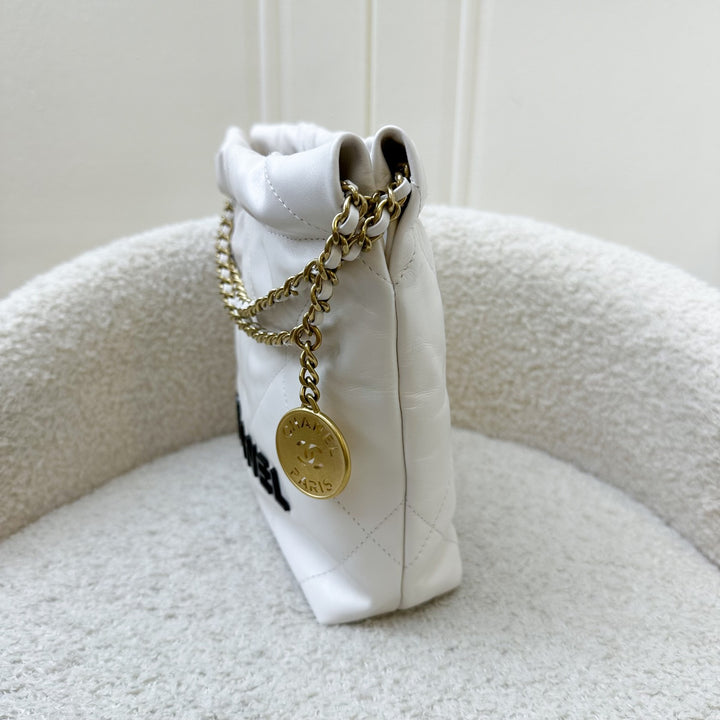 Chanel 22 Mini Hobo Bag in White Calfskin and GHW with Black