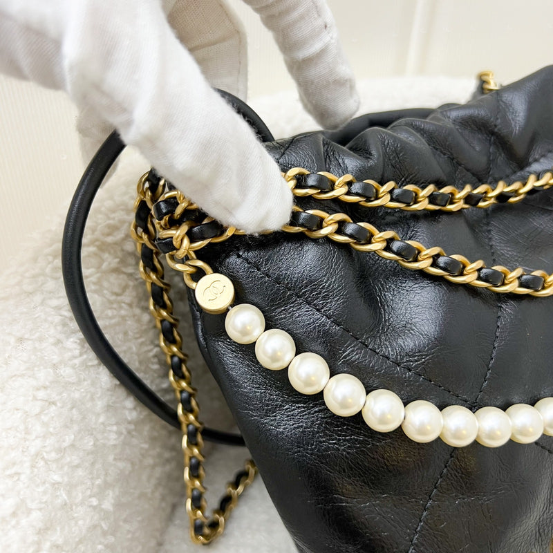 Chanel 22 Mini Hobo with Pearls in Black Distressed Calfskin and AGHW