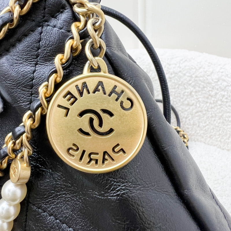 Chanel 22 Mini Hobo with Pearls in Black Distressed Calfskin and AGHW