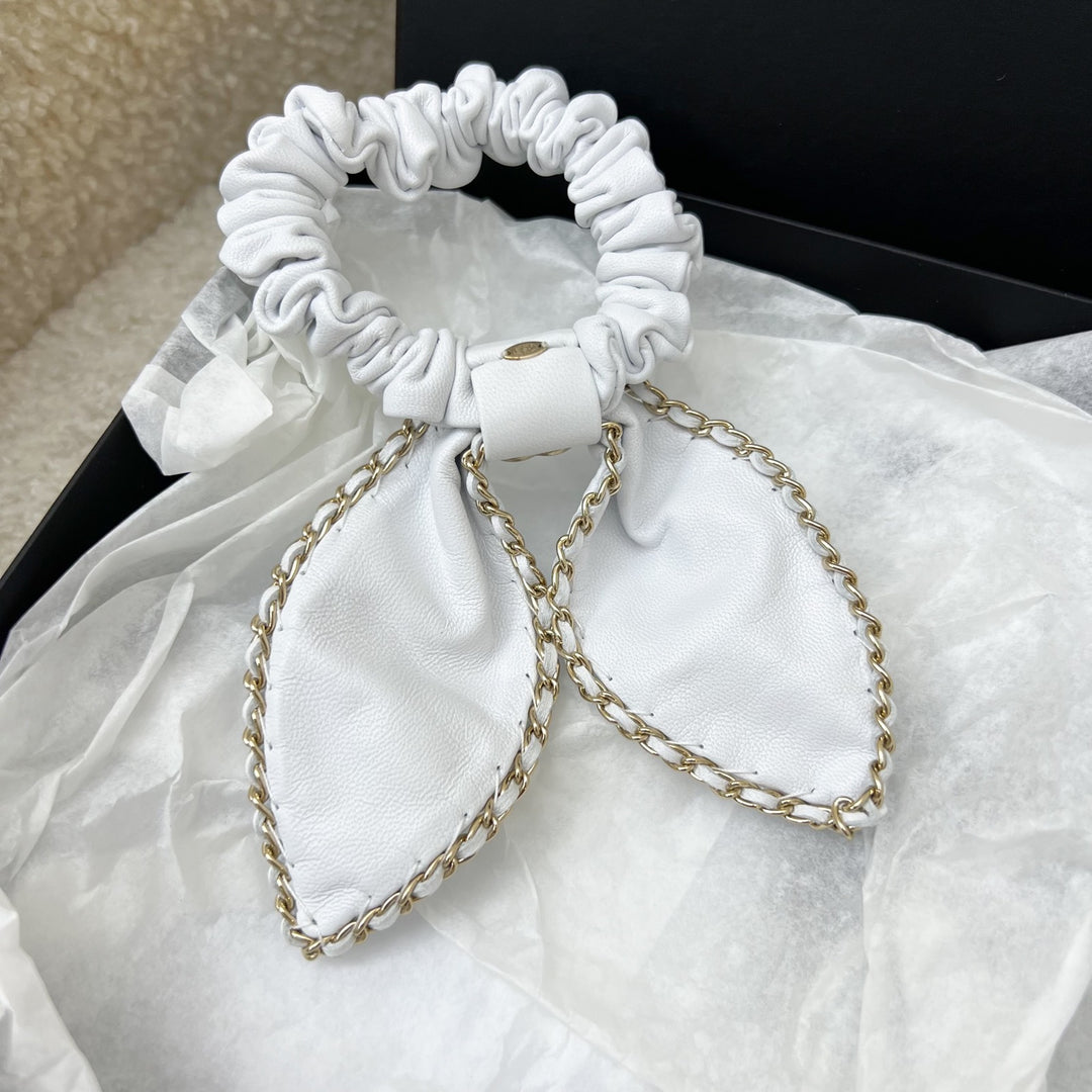 Chanel Hair Scrunchie Tie in White Lambskin and LGHW