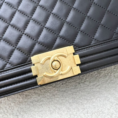 Chanel New Medium / Large 28cm Boy Flap in Black Lambskin and AGHW