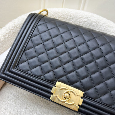 Chanel New Medium / Large 28cm Boy Flap in Black Lambskin and AGHW