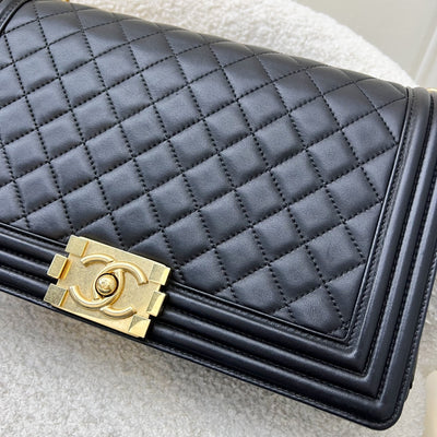 Chanel New Medium / Large 28cm Boy Flap in Black Lambskin and AGHW