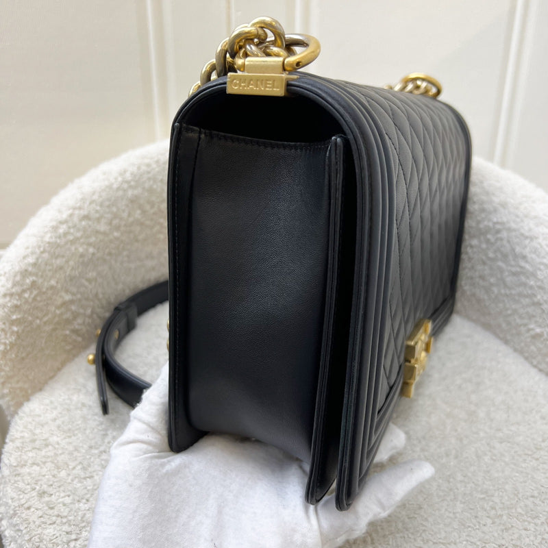 Chanel New Medium / Large 28cm Boy Flap in Black Lambskin and AGHW