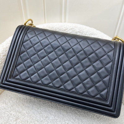 Chanel New Medium / Large 28cm Boy Flap in Black Lambskin and AGHW