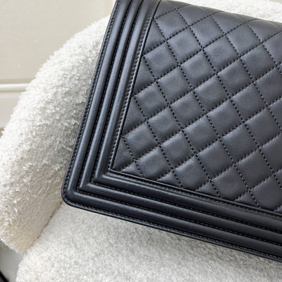 Chanel New Medium / Large 28cm Boy Flap in Black Lambskin and AGHW