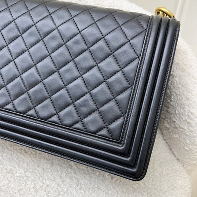 Chanel New Medium / Large 28cm Boy Flap in Black Lambskin and AGHW