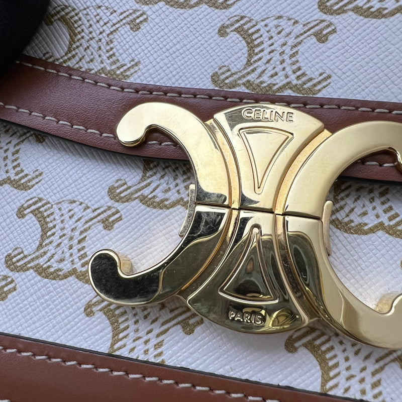 Celine Teen Triomphe Flap Bag in White Triomphe Canvas, Tan Calfskin and GHW