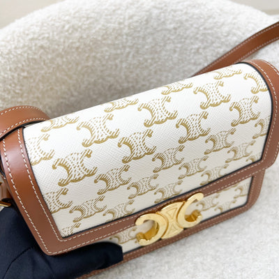Celine Teen Triomphe Flap Bag in White Triomphe Canvas, Tan Calfskin and GHW