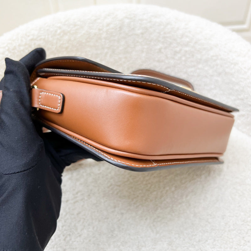 Celine Teen Triomphe Flap Bag in White Triomphe Canvas, Tan Calfskin and GHW