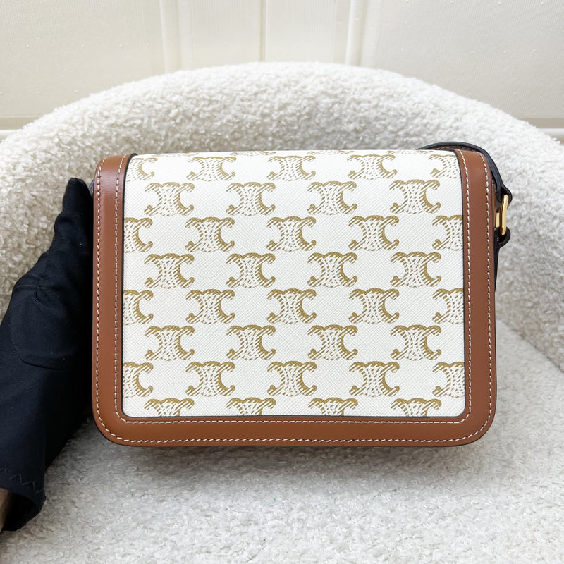 Celine Teen Triomphe Flap Bag in White Triomphe Canvas, Tan Calfskin and GHW