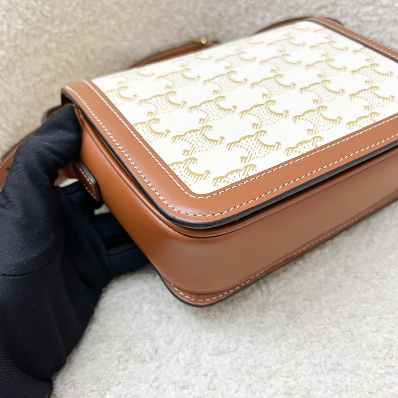 Celine Teen Triomphe Flap Bag in White Triomphe Canvas, Tan Calfskin and GHW