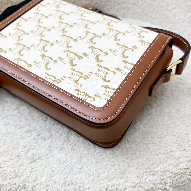 Celine Teen Triomphe Flap Bag in White Triomphe Canvas, Tan Calfskin and GHW